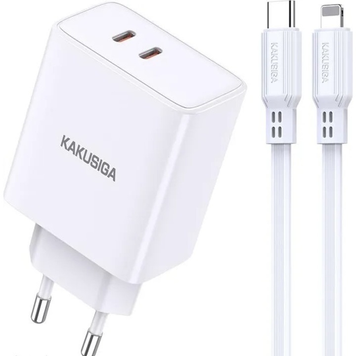 Incarcator de retea Kakusiga, 40W PD, Fast charge 3.0, 2 porturi USB-C + cablu Lightning, Alb