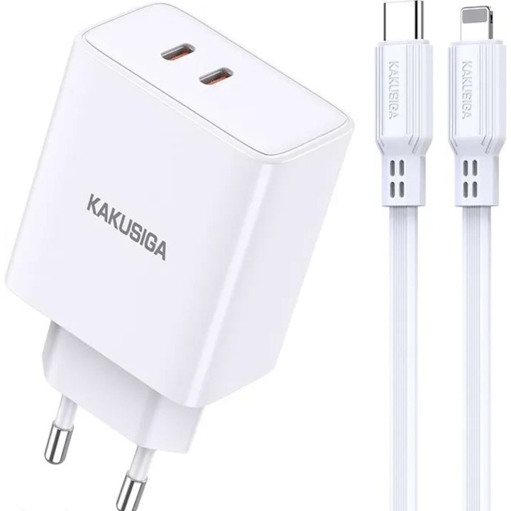 Kakusiga hálózati töltő, 40W PD, Gyorstöltés 3.0, 2 USB-C port + Lightning kábel, Fehér