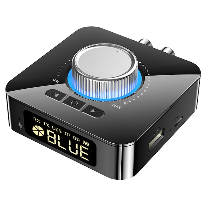 Adaptor Bluetooth pentru receptor audio 2 in 1, buton rotativ de volum, microfon HD incorporat, afisaj digital LED, negru
