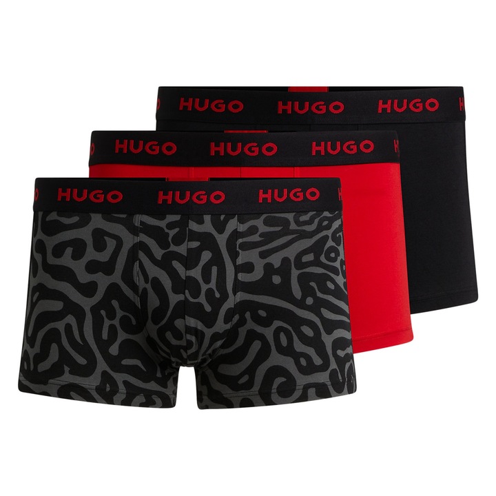 HUGO, Set de boxeri cu banda elastica in talie Design- 3 perechi, Rosu/Negru