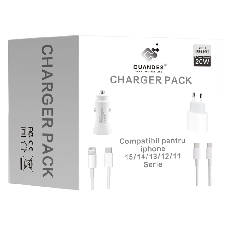 Pachet 4 buc Incarcator retea 20W pd usb C, pentru iPh 15pro, 14, 13 12 Pro Max, 1 Cablu de date USB-C - C, 60w, USB-C Light 37w, Adaptor auto USB-C, 20W