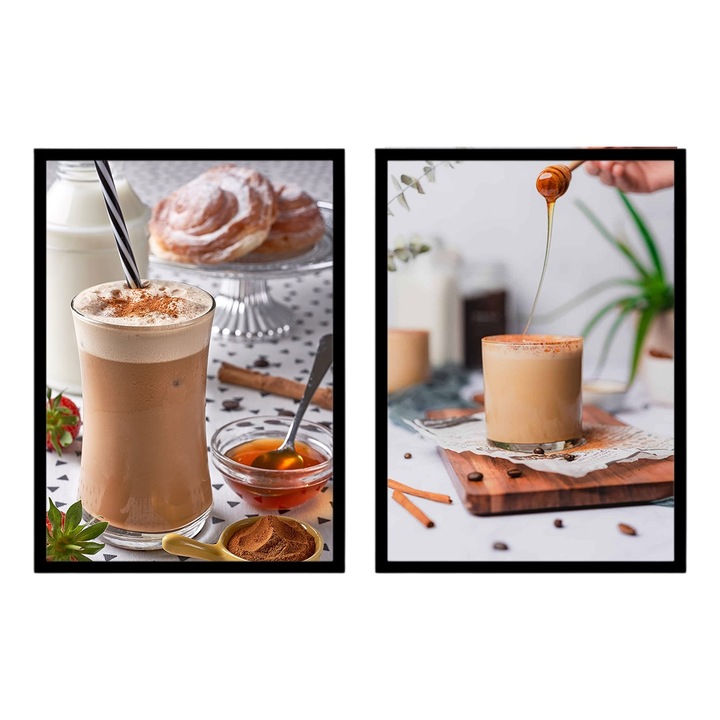 Set 2 Tablouri Cafea pentru cafenea, bucatarie, A4, Negru, 30x20cm
