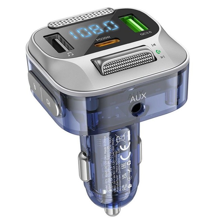 Autós töltő, FM modulátorral, Bluetooth, 2 x USB és 1 x Type-C, Hoco E75