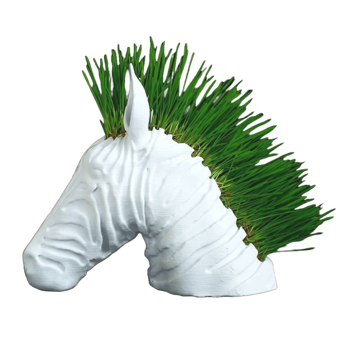 Suport decorativ modern pentru flori curgatoare, iarba sau grau, zebra, din plastic biodegradabil, alb, printat 3D, 120x100x53 mm