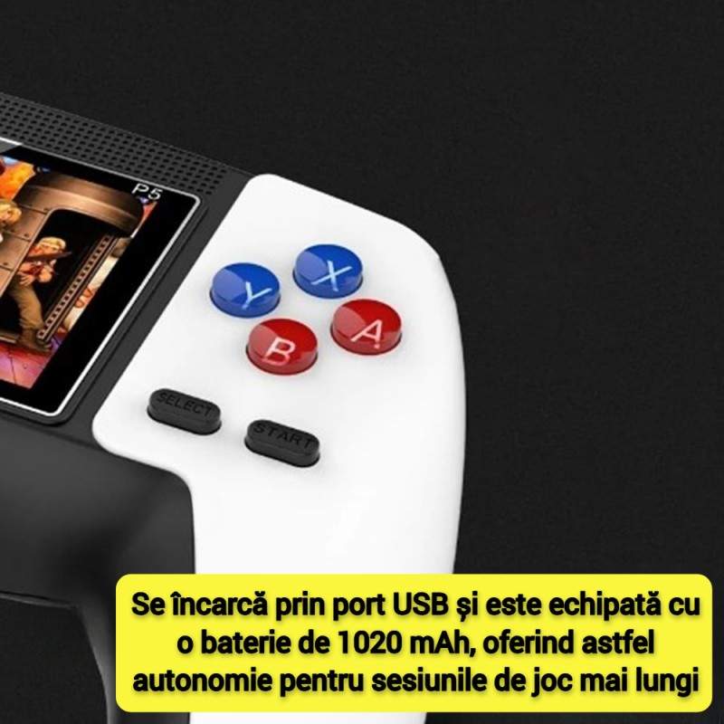 Consola De Jocuri Video P5 SIKS, Portabila, 520 Jocuri Retro, Display Rezolutie 320x240, Iesire AV, Incarcare USB, 1020mAh, Alb