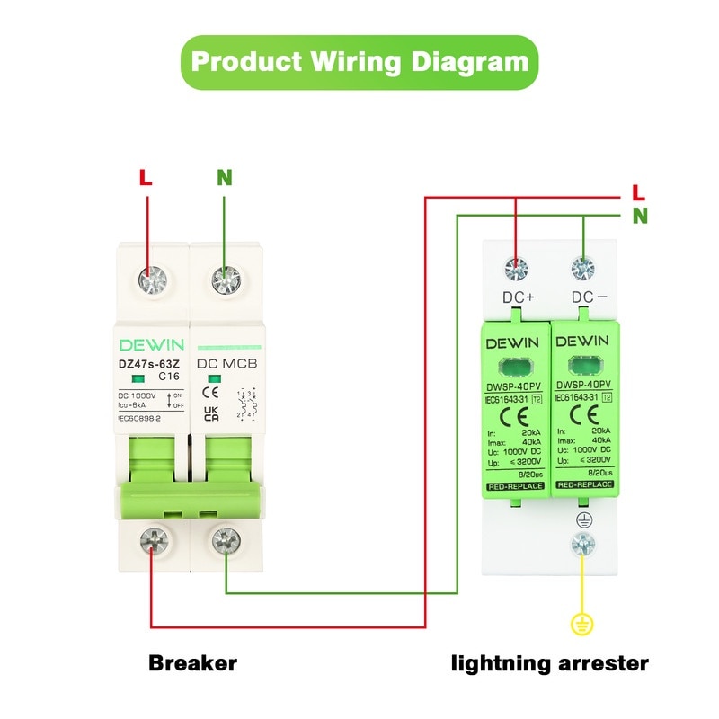 Intrerupator Miniatura PV DC, DEWIN, 2P 16A, 1000V DC, Protectie