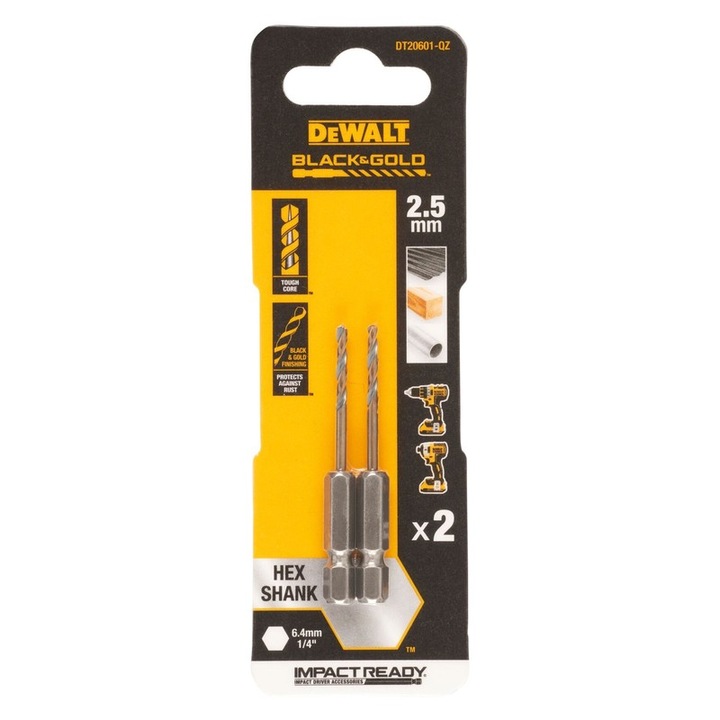Burghiu pentru metal Dewalt Black&Gold HSS-G, cilindrica, 2.5x15/20mm, 2 bucati