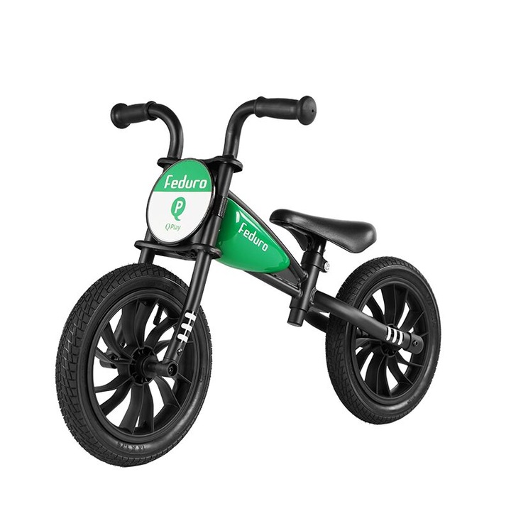 Bicicleta copii fara pedale QPlay Feduro Verde Balance bike, roti 12 inch gonflabile, sa ajustabila din piele ecologica, varsta 3-6 ani