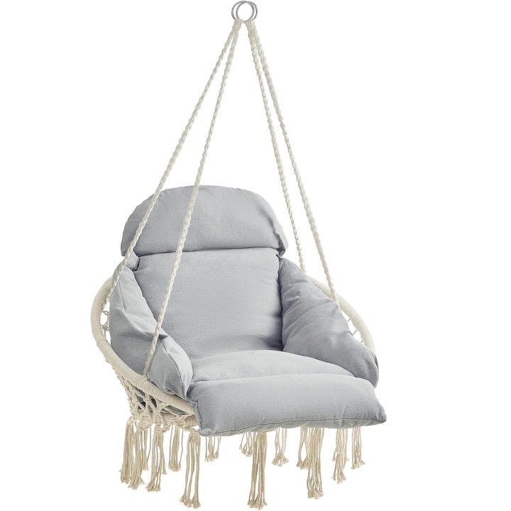 Scaun rotund tip leagan suspendat cu perna SONGMICS, pentru casa sau gradina, gri