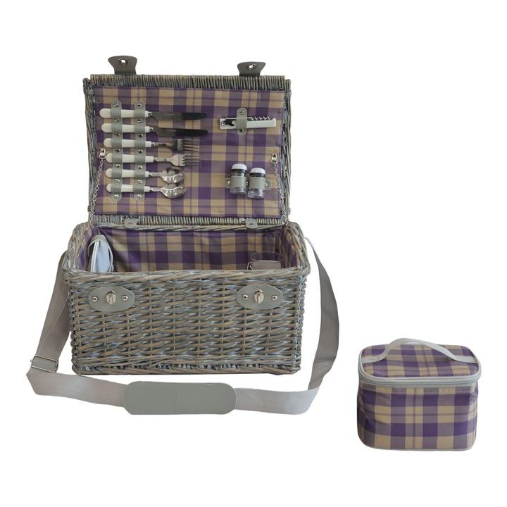 Casa.pro Piknikkosár PXZQ-0003 Folldal 40 x 28 x 25 cm fűzfa műanyag szürke 2 személy számára hűtőtáskaval