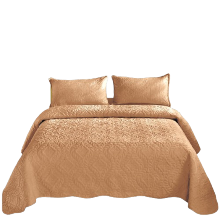 Set cuvertura catifea de pat dublu cu 2 fete perna, 3 piese, 230x250 cm, maro deschis