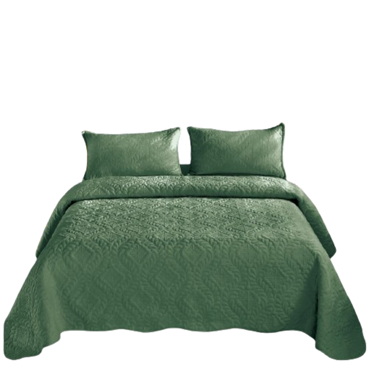 Set cuvertura catifea de pat dublu cu 2 fete perna, 3 piese, 230x250 cm, verde