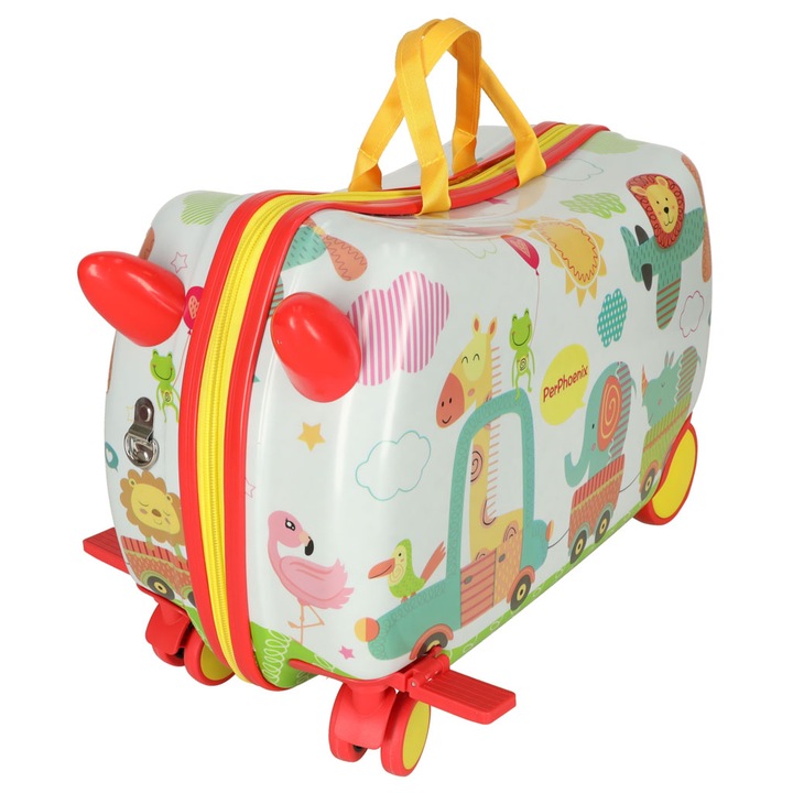 Мултифункционална детска чанта за пътуване RollyUP UniqViBE с функция за количка, колела на 360°, две отделения, сгъваема поставка за крачета, подвижна презрамка за носене, калъф против удари, водоустойчив, модел Zoo, червен/жълт