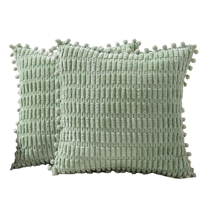 Set 2 huse de perna verde pal cu ciucuri, din catifea moale, 40 x 40 cm, Amazon Basic