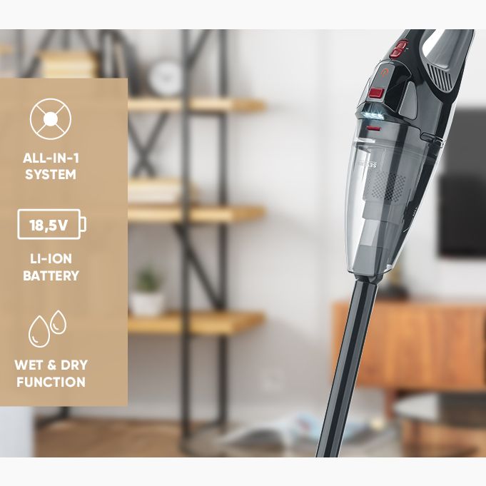 Aspirator de mana Severin, S7147, fara fir, ideal pentru masina si casa, aspirare umeda/uscata, 2 trepte putere, fara sac, operare usoara, statie de incarcare, include accesorii si geanta pentru transport, negru