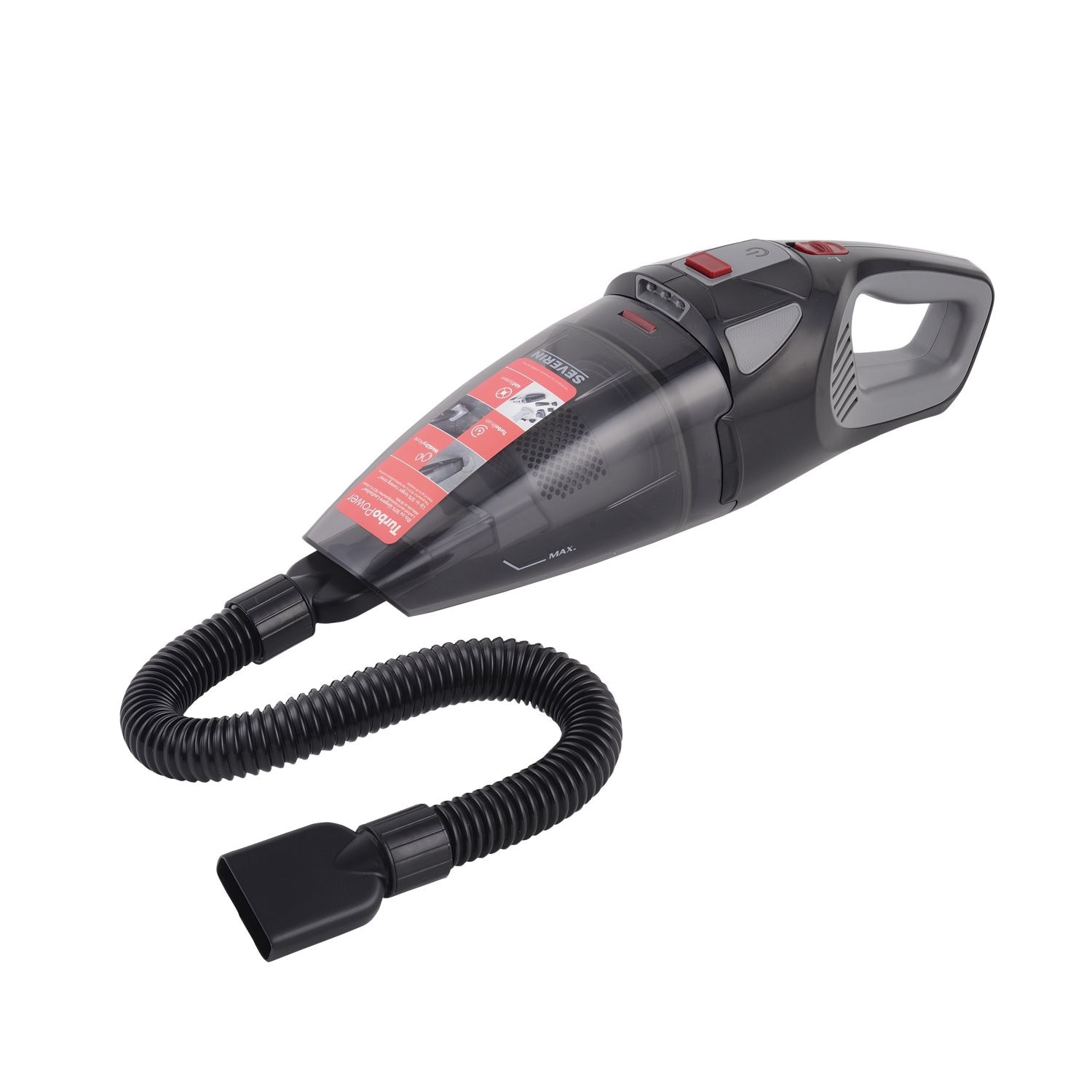Aspirator de mana Severin, S7147, fara fir, ideal pentru masina si casa, aspirare umeda/uscata, 2 trepte putere, fara sac, operare usoara, statie de incarcare, include accesorii si geanta pentru transport, negru
