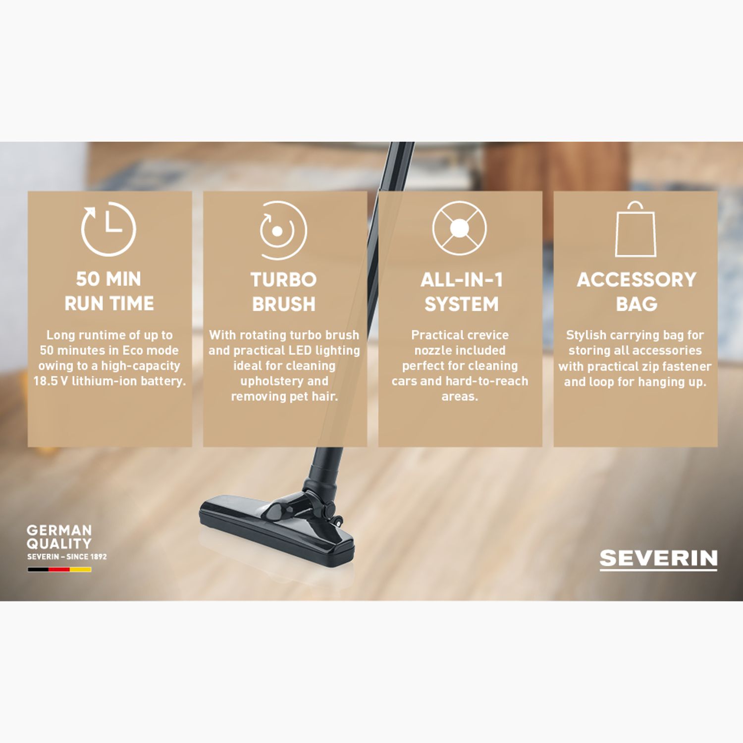 Aspirator de mana Severin, S7147, fara fir, ideal pentru masina si casa, aspirare umeda/uscata, 2 trepte putere, fara sac, operare usoara, statie de incarcare, include accesorii si geanta pentru transport, negru