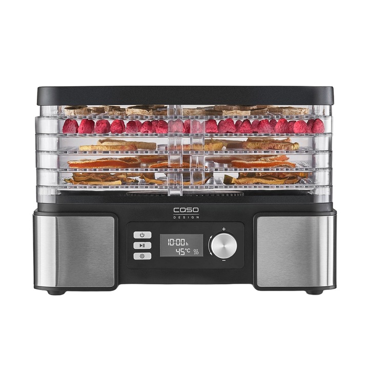 Deshidrator alimente Caso Germany, DH 450, pentru gustari sanatoase, temperatura reglabila 30-70°C, convectie, panou control digital, timer 48h, 5 tavi detasabile si interschimbabile, usor de folosit, inox