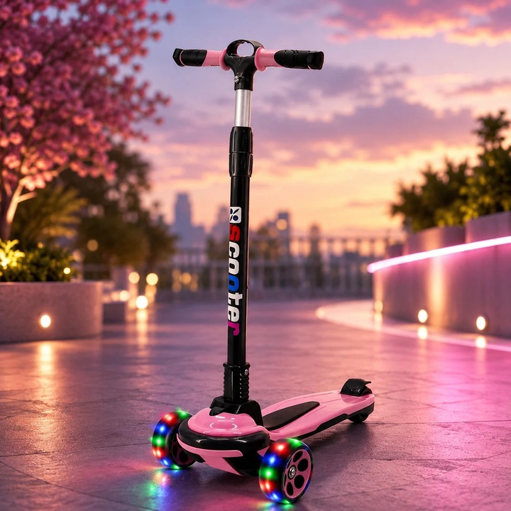 Trotineta pentru Copii Elindor® cu 3 Roti cu Lumini LED, Pliabila, pentru Fete si Baieti de 5 - 12 ani, Sistem Ghidon cu Inclinare, Ajustabil 85 - 100 cm, Greutate Maxima Suportata 50 kg, Suprafata Antiderapanta, Roz / Negru
