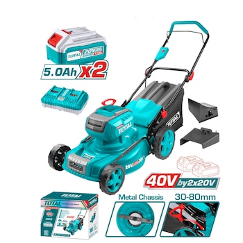 Masina de tuns gazon/iarba pe acumulator Total TLMLI20186, 40 V, latime taiere 46 cm, inaltime taiere 30 - 80 mm, 8 trepte de taiere, sac colector 60 l, functie de mulcire, contine: incarcator + 2 acumulatori 20 V 5.0 Ah