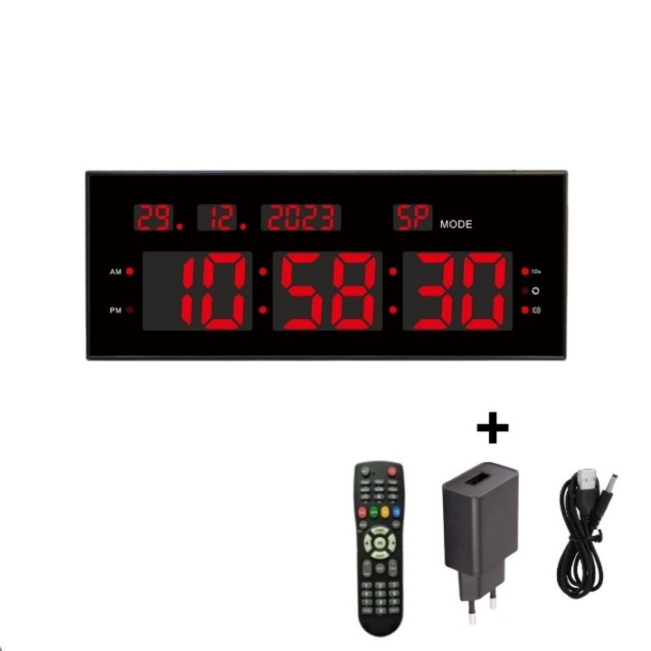 Ceas Digital de Masa si Perete 32x12cm cu Cronometru, Timer, Alarma si Calendar – Afisaj LED Rosu cu Luminozitate Ajustabila
