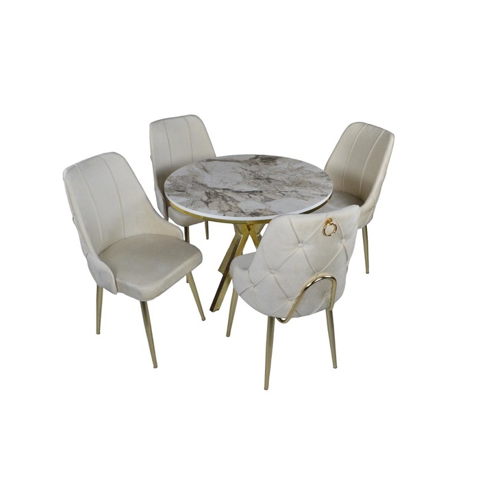 Set Masa si Scaune, elegance cu 4 scaune crem rotunda textil catifelata mdf 1000 mm diametru