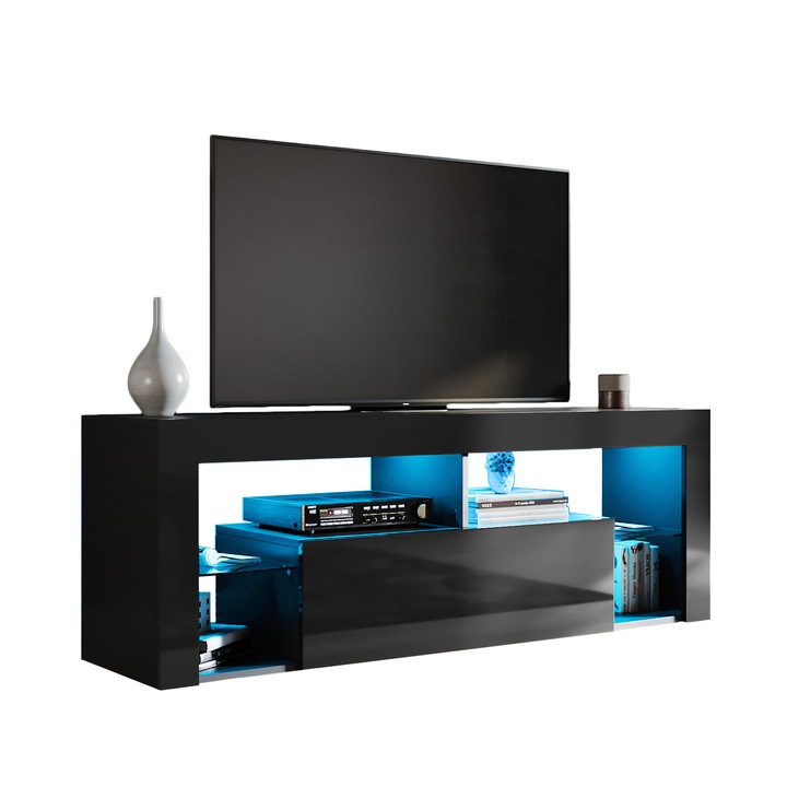 ТВ шкаф с LED осветление, Със сгъваема врата, Със стъклен рафт, 140×35×50,5 см