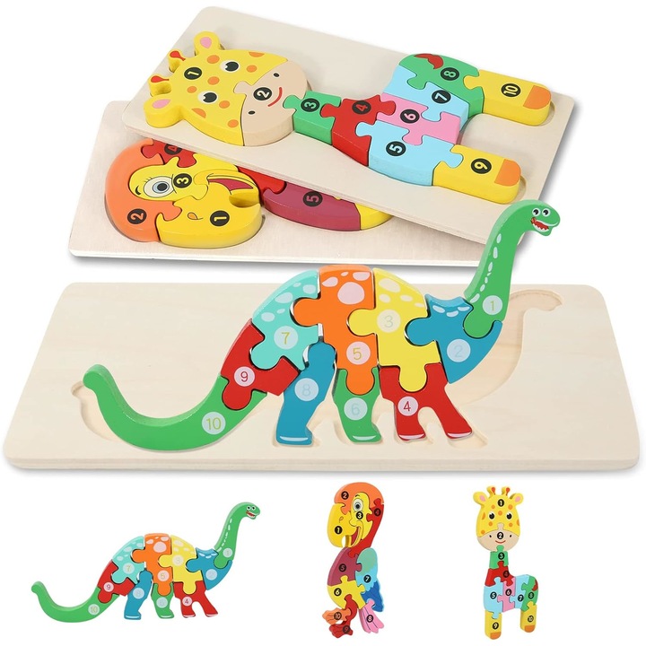 Oktatójáték, süllyesztett fa puzzle, 3 db, állatok