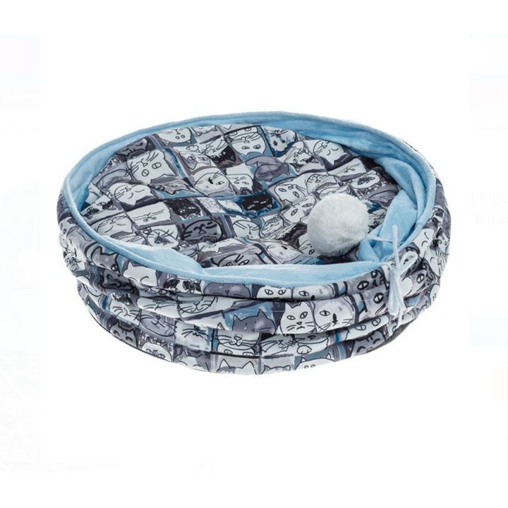 Pat - Cuib Gri Bleu cu Figuri de Pisica & Bila Suspendata pentru Pisica Ø40x40cm