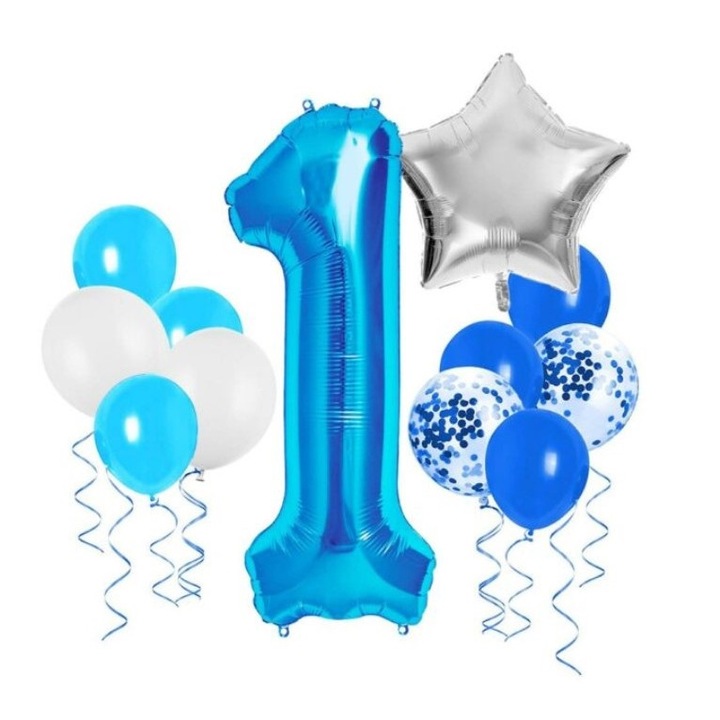 12 db 1 éves jubileumi léggömb készlet, 90 cm, kék színű, csillag 45 cm, ezüst, 10 db latex lufi 30 cm, HAPPY JOKER®