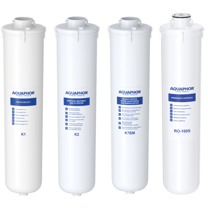 Опаковка от 3 филтърни патрона (K1, K2, K7BM) и мембрана (RO-100S) за RO-102S EU и RO-202S, AQUAPHOR, за уред за вода с обратна осмоза