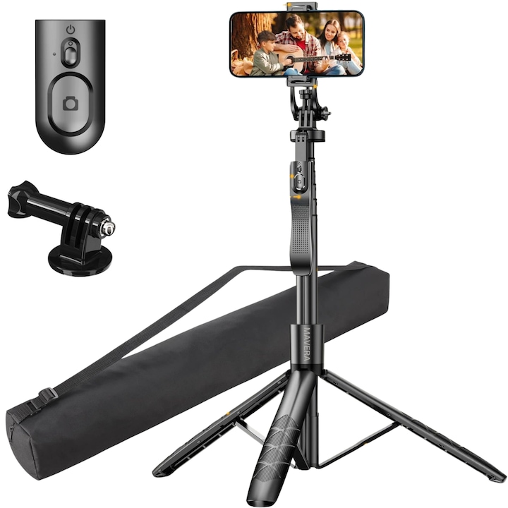 Телескопичен фото статив MAVERA™ Premium за телефон, камера, Go Pro, регулируем, 33-153 см, функция за селфи стик, Bluetooth дистанционно управление, водоустойчив капак и включена Go Pro съвместима стойка