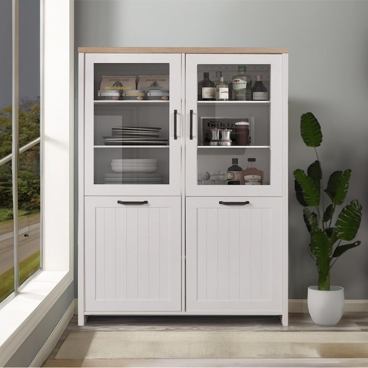 Vitrina Lara Verne Alb / Stejar Pietros H153 x L115 x A37 cm cu 2 usi