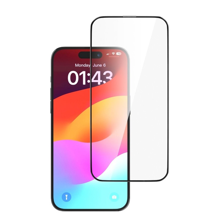 Devia Star Series teljes képernyős teljes nézetű üvegfólia, amely kompatibilis az iPhone 15 Plus Black készülékkel