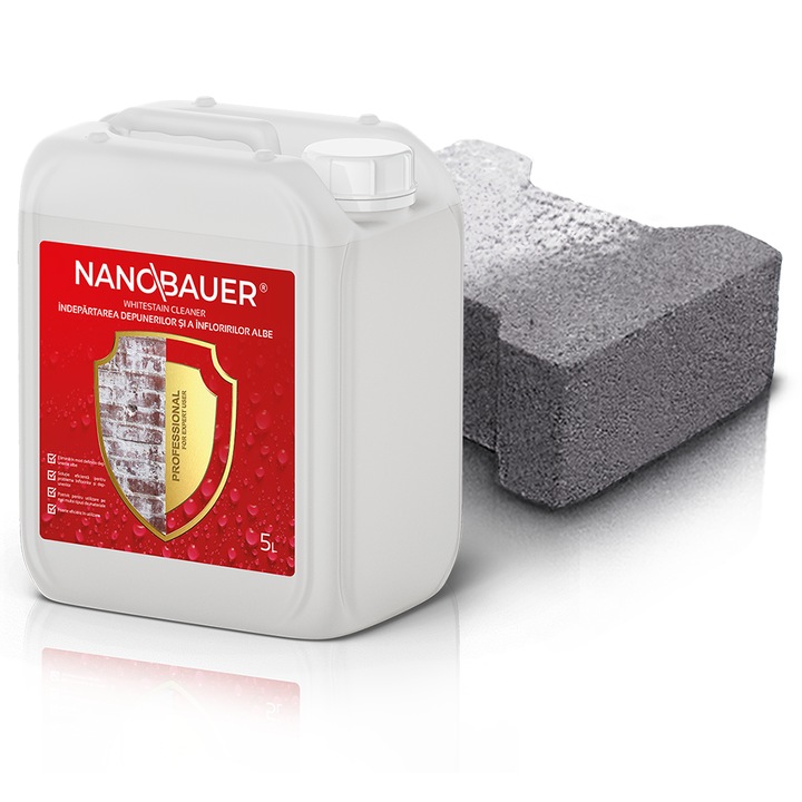 Detergent lichid profesional, NANOBAUER Whitestain Cleaner, 5L – Solutie pentru curatarea eflorescentelor albe de pe beton, caramida, piatra, pavele si fatade – acoperire mare, uz profesional