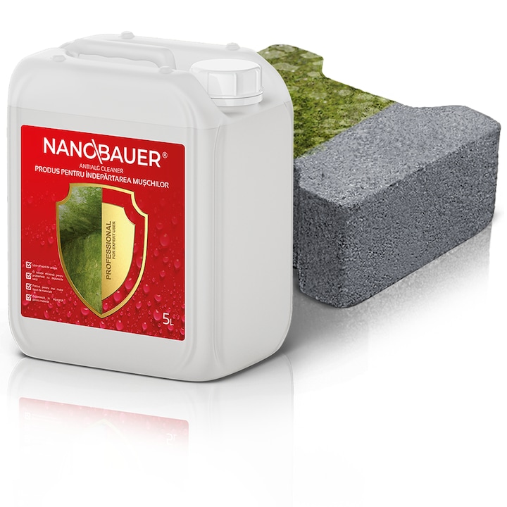 Detergent lichid pentru indepartarea depunerilor verzi, muschilor si lichenilor, Nanobauer® AntiAlg, 5L, ideal pentru curatarea pavajelor, betonului, ceramicii, fatadelor, acoperisurilor, zidurilor si gardurilor