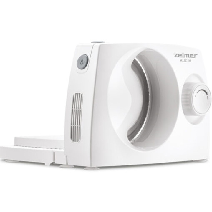 Zelmer ZFS1016 szeletelőgép, 150W, 170mm penge méret, Kiegészítő penge a keményebb ételekhez, Finom szeletelés beállítása, Véletlen indítás elleni védelem, Kivehető ételtálca, Rozsdamentes acél penge, Fehér