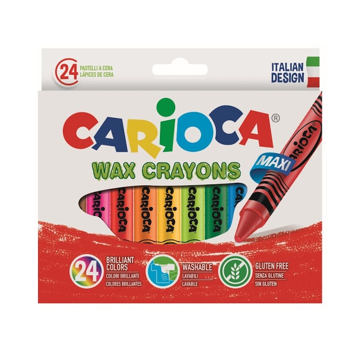 Восъчни пастели, кръгли, миещи се, D-12 мм, 24 цвята/кутия, Carioca Wax Crayon Maxi