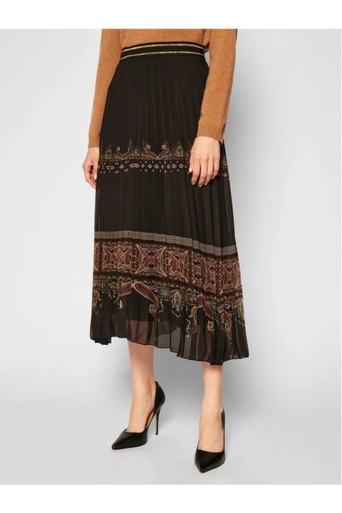 Fusta midi cu pliuri si imprimeuri etnice Murray, Negru, 42