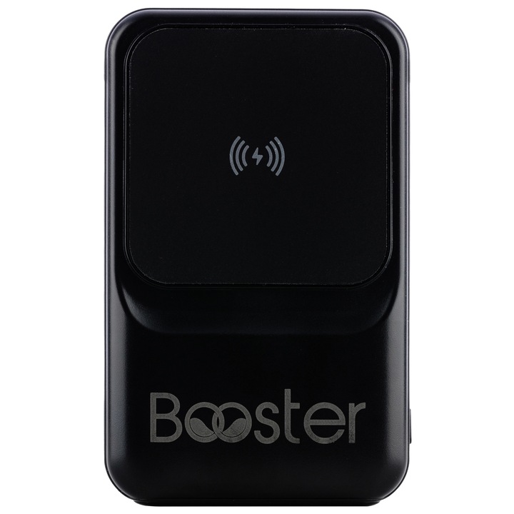 Baterie externa Booster, Qi Fast Charge, incarcare magnetica Wireless 15W, prin Cablu 22.5W, display LED, capacitate 10.000 mAh, conectivitate Lightning, USB si Type C input/output, marime 112*68*23mm, greutate 200g, compatibil Apple, Samsung, Negru
