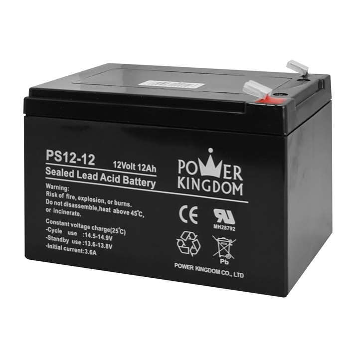 Оловно-киселинна батерия, Power Kingdom, 12 V, 12 Ah, 15 x 9,8 x 9,5 cm, черна
