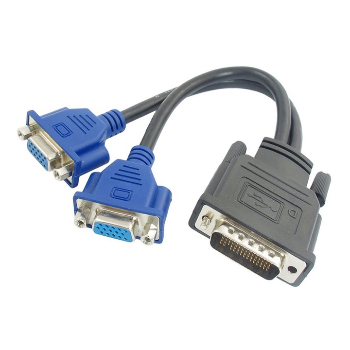 Адаптер DMS-59 мъжки - 2x VGA женски, PowerTech, 0.20m, черен/син