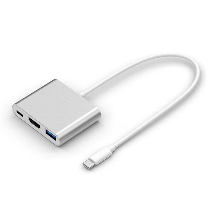 Докинг станция, PowerTech, 3 порта, USB / USB-C / HMDI, Пренос на данни 5 Gbps, Сребрист
