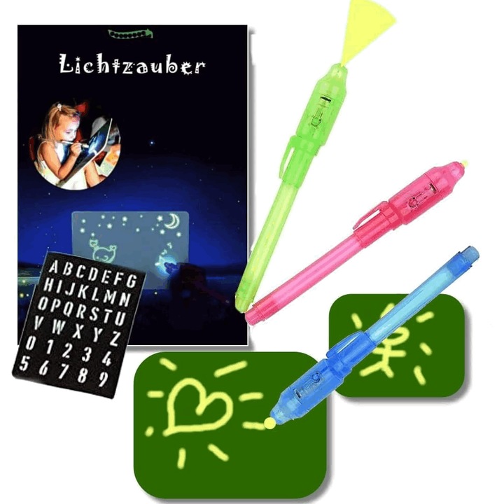 Set creativ cu placi de desen cu stilou uv cu lumina magica, Lichtzauber, A3 si A5