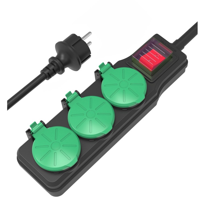 Prelungitor PowerTech PT-1070, 3 prize Schuko, IP44, 16A, 1.5m, negru