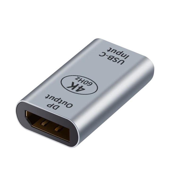 Adaptor USB-C la DisplayPort PowerTech PTH-097, 4K/60Hz, Gri & Negru