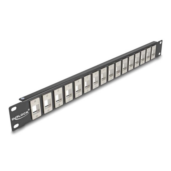 Patch panel Keystone, Delock, Metal, 19"/1U, 16 porturi, Negru/Gri