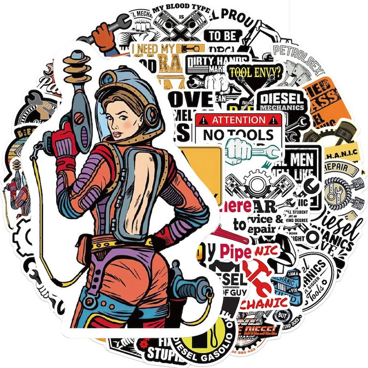 50 Reparator de motoare Stickere, rezistente la apa, multicolor, 5-9cm