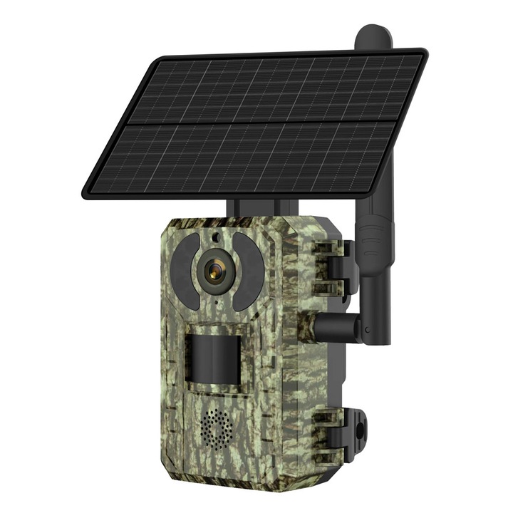 Camera de supraveghere exterior, PowerTech, PVC, Cu panou solar, 4MP, 4G, PIR, SD, IP66, Negru/Verde