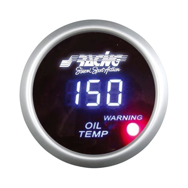Indicator temperatura ulei Simoni Racing, cadran negru cu LED avertizare, rama argintie, 52mm